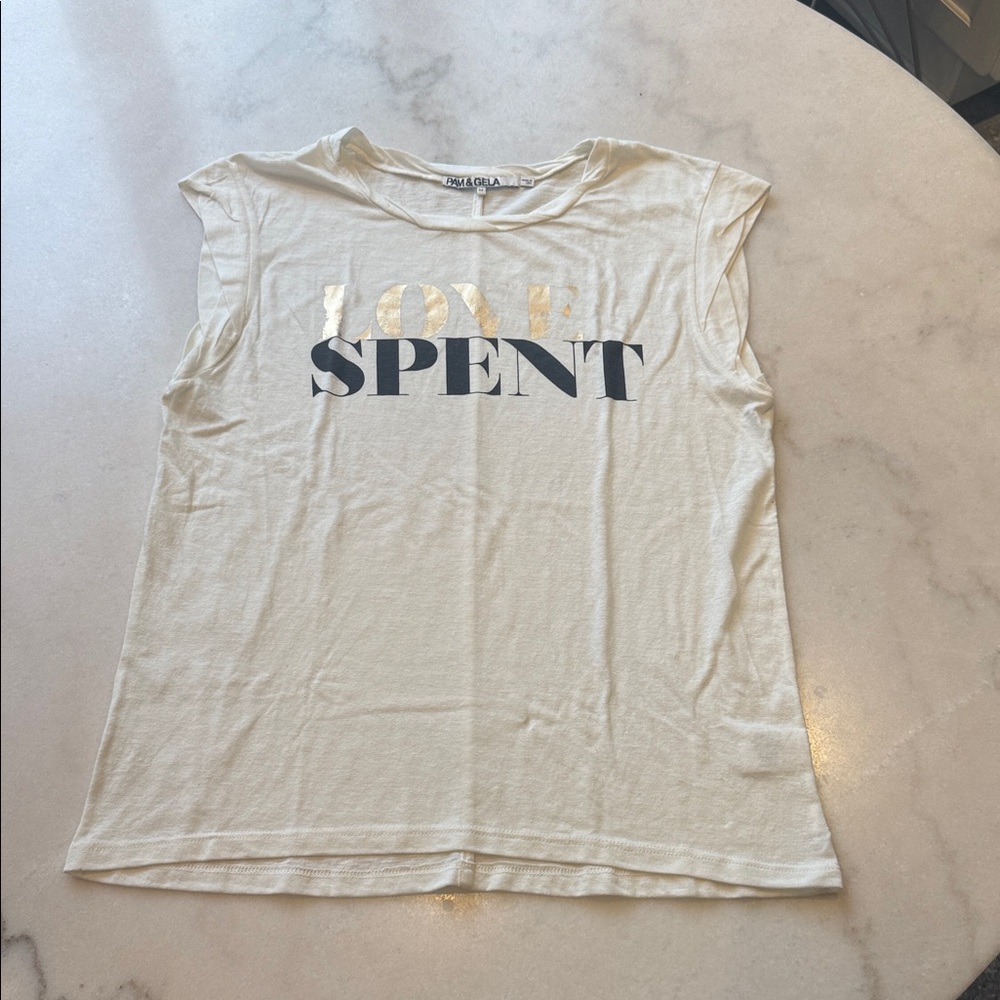 NWOT Pam & Gela Cream Tank with Gold FOIL and Black Graphic